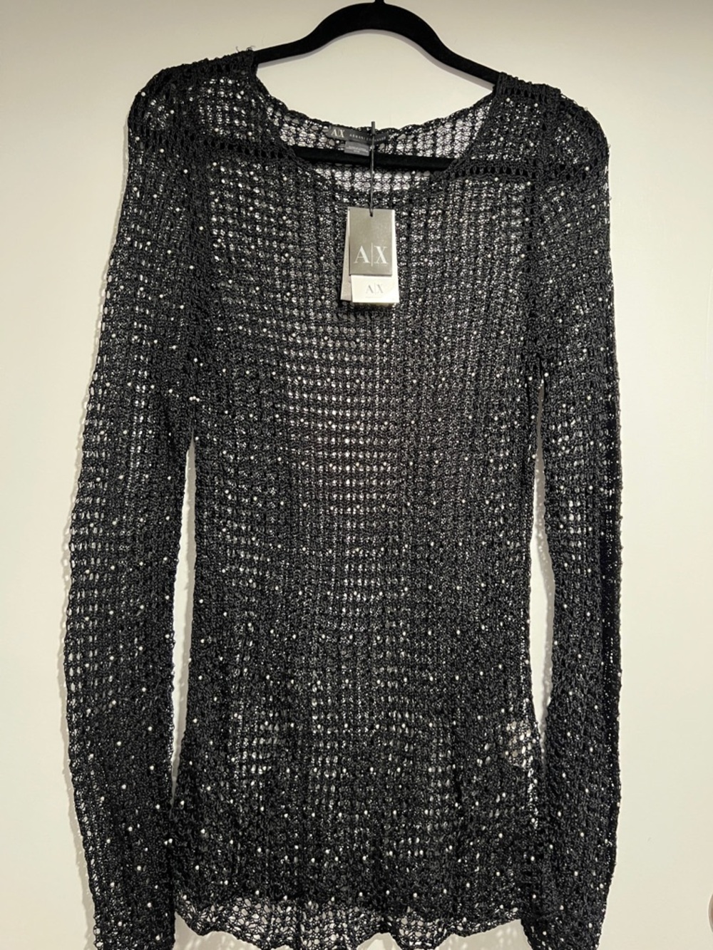 A/X Armani Exchange gorgeous Black Open-Weave Scoop Neck beaded Sweater